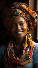 Portrait of a beautiful african woman smiling while looking at camera. Mid adult woman with traditional african headscarf stay at home and smiling. Smile emotion illustration. Generative AI art
