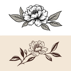 Peony flower in minimal botanical graphic sketch line art drawing, trendy tiny tattoo design, floral elements vector illustration