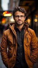 Fototapeta premium Young buisnessman wearing eyeglasses, jacket and shirt, holding arms crossed, looking at camera with happy confident smile, standing against background. Man portrait illustration. Generative AI