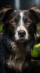 Skeptic sad border collie dog thinking dont know what to do in park looks depressed. Homeless witty dog sad eyes thinking - look side. Sad emotion illustration. Generative AI