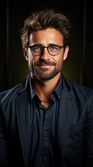Obraz premium Handsome businessman wearing glasses standing with arms crossed to chest and posing happy on background. Man portrait illustration. Generative AI