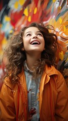 Portrait of happy smiling child girl on background. People portrait illustration. Generative AI