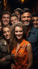 Fototapeta premium Collage of large group of smiling people composite portrait image gathered together reaching out each other 4g 5g connection contacting multiracial society. Generative AI art