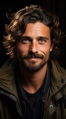 Obraz premium Closeup portrait of smiling man 30s having bristle looking at camera over background. Man portrait illustration. Generative AI