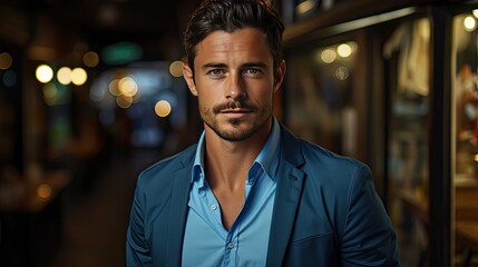 Fototapeta premium Confidence and business concept. Portrait of charming successful young entrepreneur in blue-collar shirt, smiling broadly with self-assured expression while holding hands in pockets. Generative AI art