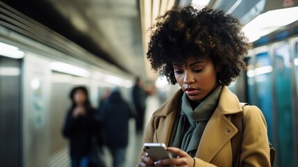 Candid morning shot of a  black woman using her smartphone during her subway commute, engrossed in work and connectivity, generative ai - obrazy, fototapety, plakaty