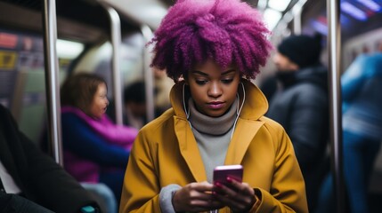 Candid morning shot of a  black woman using her smartphone during her subway commute, engrossed in work and connectivity, generative ai