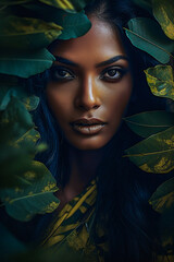 Close up beauty portrait of an indian female beauty surrounded by lush green leaves of a jungle