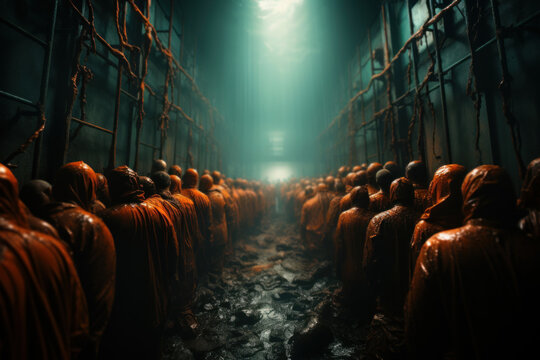 A photo of an overcrowded prison, raising awareness about issues related to criminal justice and penal reform. Concept of prison reform. Generative Ai.