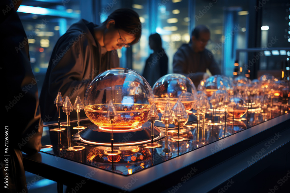 Poster a research lab with scientists experimenting on the development of next-generation nuclear technolog