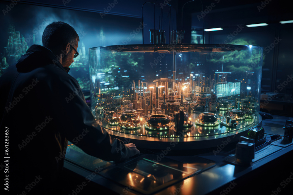 Poster workers in a control room monitoring reactor operations with advanced technology. concept of nuclear