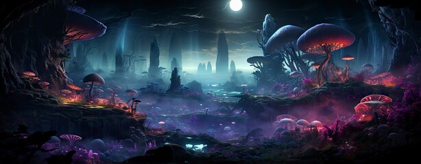 Mystical forest with glowing mushrooms, moonlit night, and ethereal atmosphere, perfect for fantasy-themed projects.