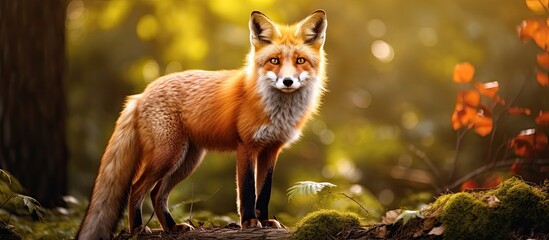 Obraz premium A red fox is seen standing against a scenic natural backdrop