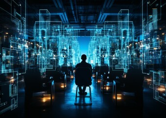 Engineer IT silhouette in big database server center in office. Ultra high speed data server transfer. Technology science background concept