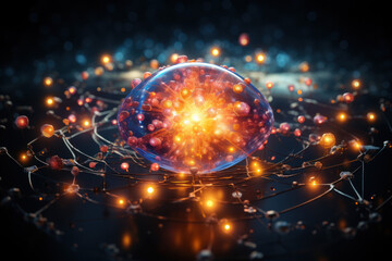 An illustration of the atomic nucleus, highlighting the fundamental principles of atomic energy. Concept of nuclear physics. Generative Ai.