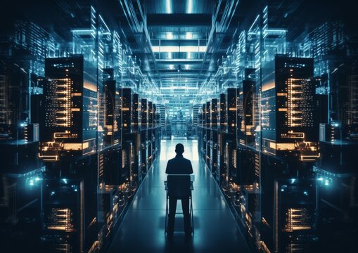 Engineer IT silhouette in big database server center in office. Ultra high speed data server transfer. Technology science background concept