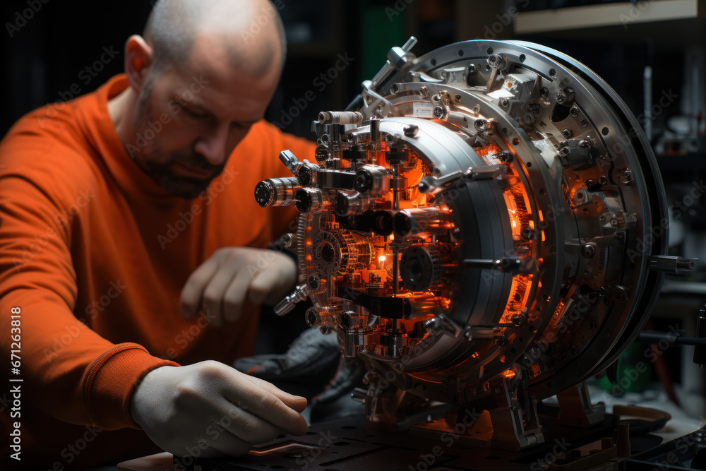 Poster a worker assembling components for a small modular reactor, demonstrating the versatility of atomic 