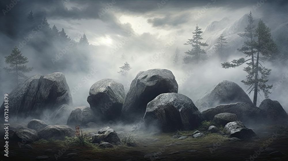 Poster a painting of some rocks in the middle of a foggy forest with a pine tree in the foreground. generat