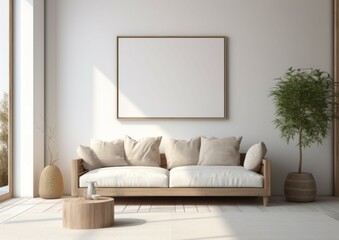 Wall art empty picture frame mockup on wooden desk, wall, table. Vase with olive branches, cactus. Elegant working space, home office concept.