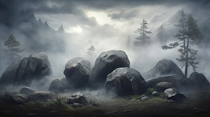 a painting of some rocks in the middle of a foggy forest with a pine tree in the foreground.  generative ai - obrazy, fototapety, plakaty