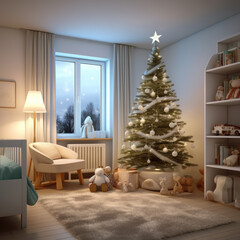 Christmas baby room interior design with christmas tree, gifts and christmas decoration.
