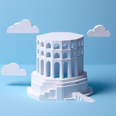 Paper craft model of the Colosseum on a blue background with clouds.