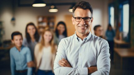 Fototapeta premium Portrait of smiling male teacher in a class at elementary school looking at camera with learning students on background. AI Generative