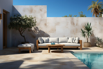 a pool backyard with a light concrete wall, photorealistic. AI generative - obrazy, fototapety, plakaty