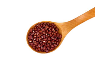 Azuki Bean or Red Bean Seeds in a wooden spoon isolated on white background