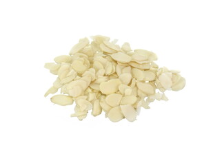 Pile of peeled flaked almonds isolated on white. Blanched almonds flakes on white.