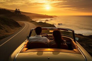 A lovely couple has romantic travel on cabriolet straight on to the sunset
