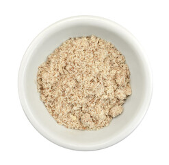 Shelled and ground almond nuts in wooden bowl. Edible, dried, brown seeds of Prunus dulcis. Ingredient in marzipan, nougat, cookies. Isolated macro food photo close up from above on white background.