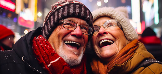 A senior couple smiles and snuggles during the New Year's countdown in Times Square.