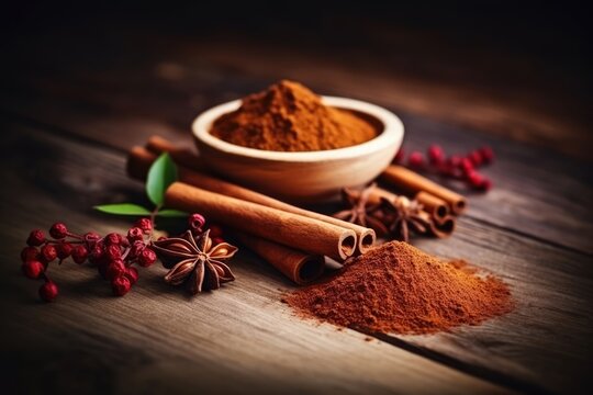 cinnamon and anise on wooden table. 