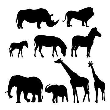 set of wild animals of Africa, silhouettes of savannah animals, silhouette of a lion, giraffe, elephant, zebra