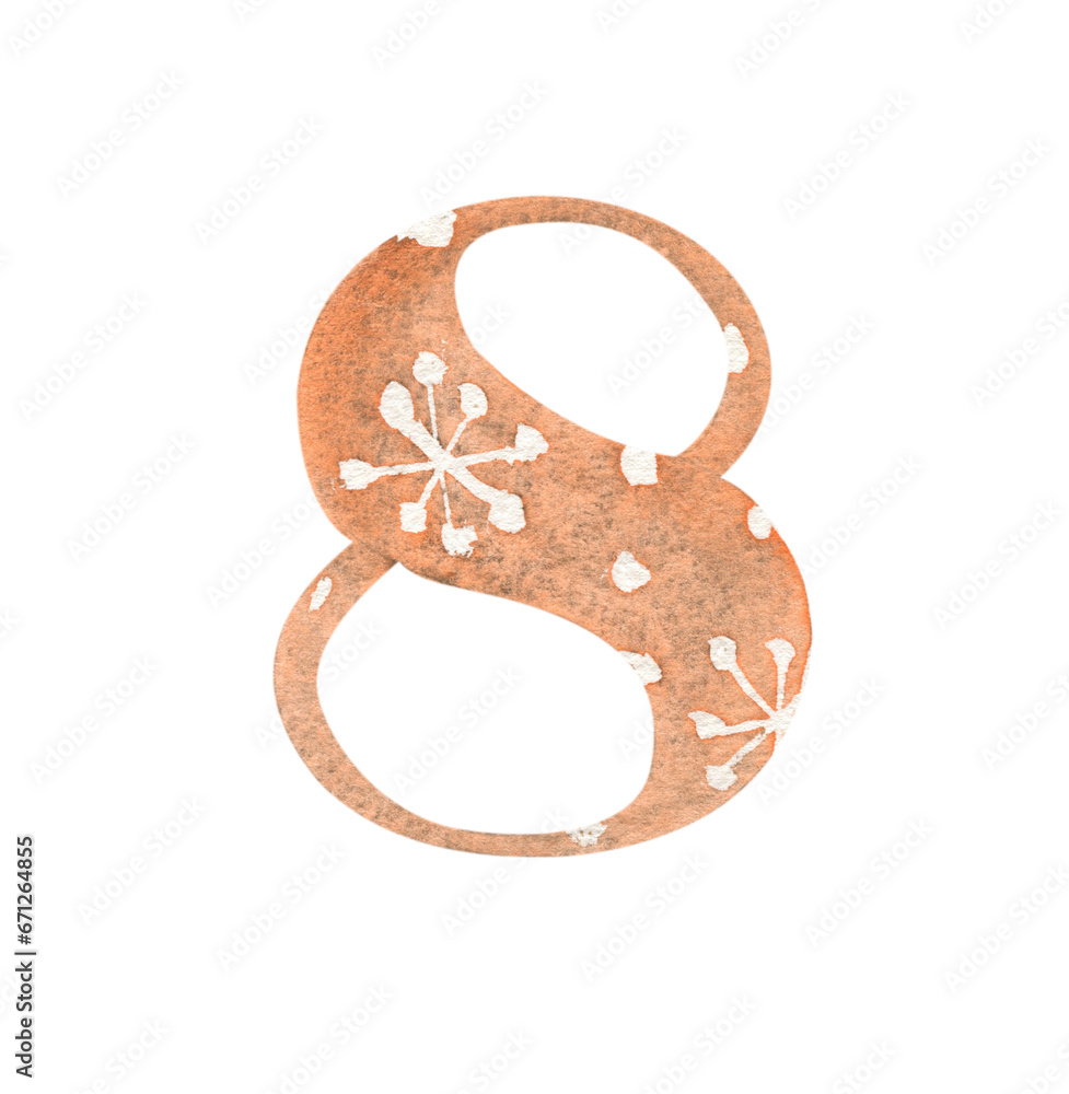 Fototapete drawing of a number with watercolor fill and patterns in a christmas style.