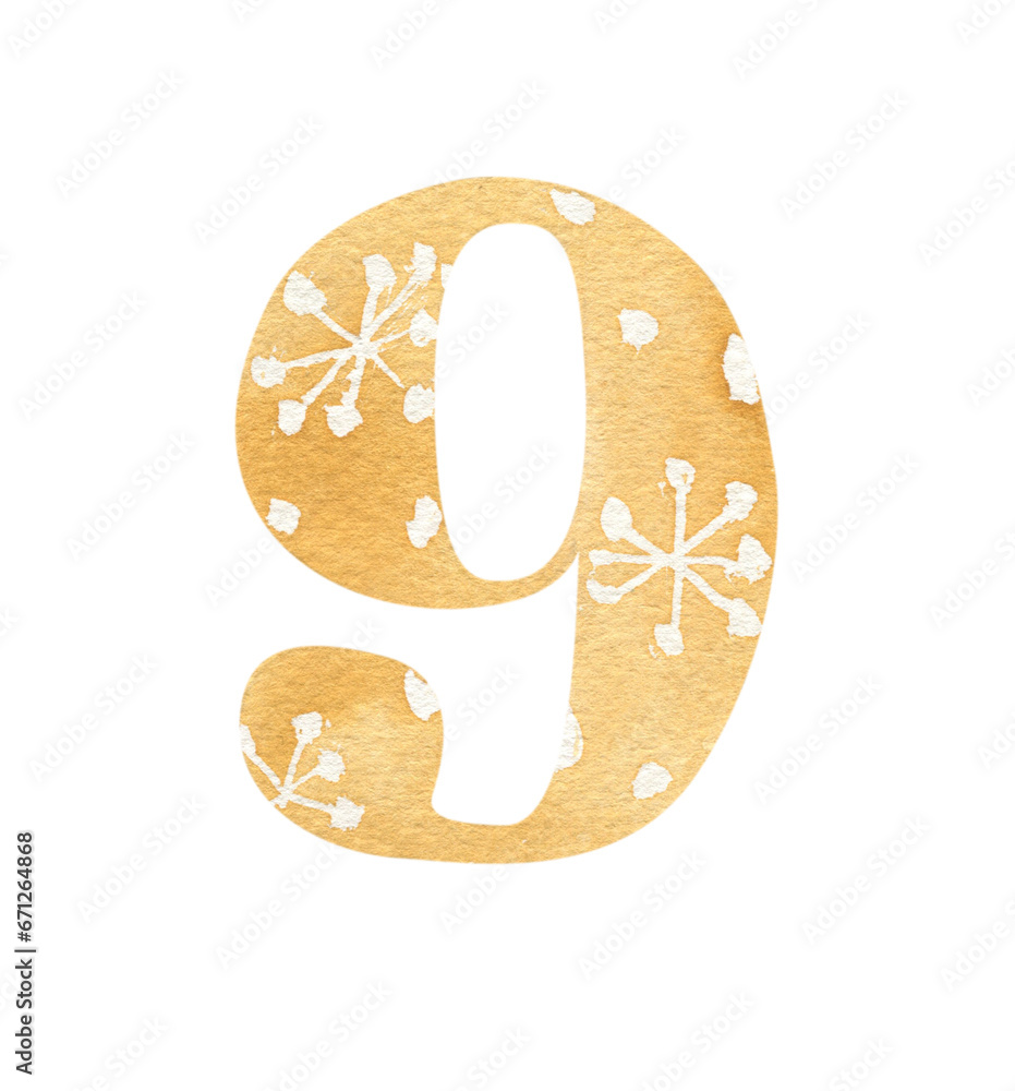 Fototapete drawing of a number with watercolor fill and patterns in a christmas style.