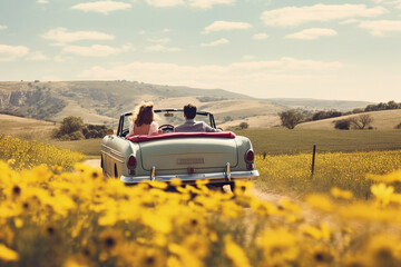 Fototapeta premium A lovely couple has romantic spending time rest in cabriolet on flowers meadows