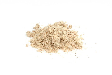 Shelled and ground almond nuts. Edible, dried, brown seeds of Prunus dulcis. Ingredient in...