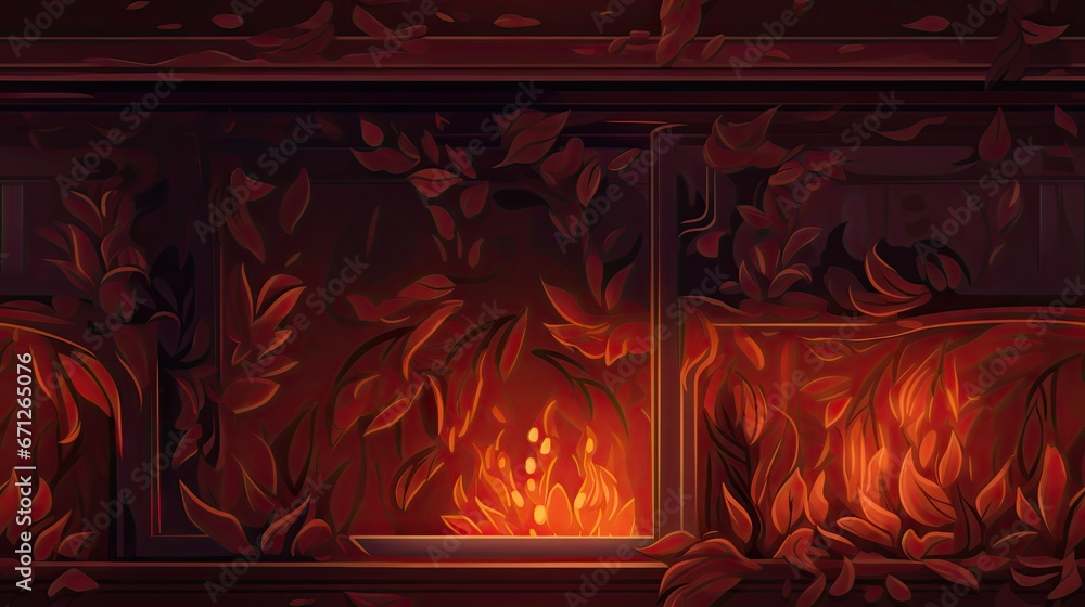 Poster a dark room with a fire burning in the window and a red curtain on the side of the room and a red cu