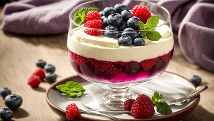 Dessert panna cotta with blueberries, mint, raspberries