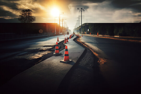 reprise de la chauss&eacute;e. Travaux de bitume bicouche aux abords d'une zone industrielle au lever du jour. on voit le marquage de la zone par des c&ocirc;nes routiers BTP travaux de voirie