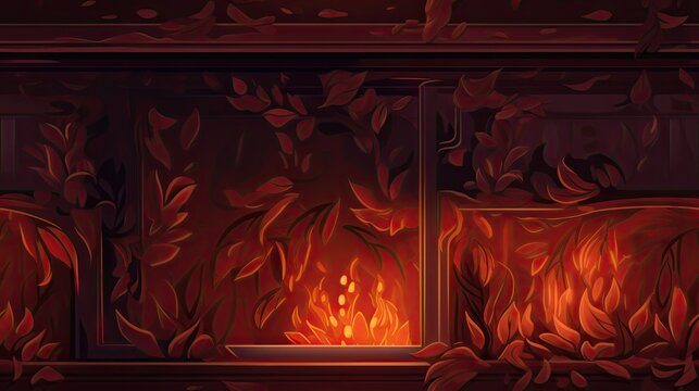  a dark room with a fire burning in the window and a red curtain on the side of the room and a red curtain on the other side of the room.  generative ai