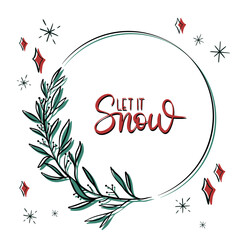 Obraz premium Winter christmas wreath with red berries, poinsettia and branch twigs. Vector illustration. Modern design for Holidays invitation card, poster, banner, greeting card, postcard, packaging, print. 