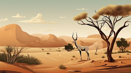  a painting of a desert scene with an antelope in the foreground and a bird in the distance.  generative ai