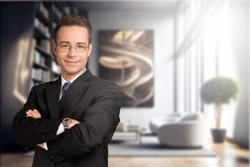 Fototapeta premium Happy confident business man professional with arms crossed, AI generated image