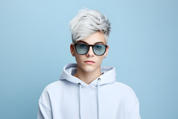 Colorful studio portrait of a cool teenager boy with age specific outfit and accessories. Bold, vibrant and minimalist. Generative AI