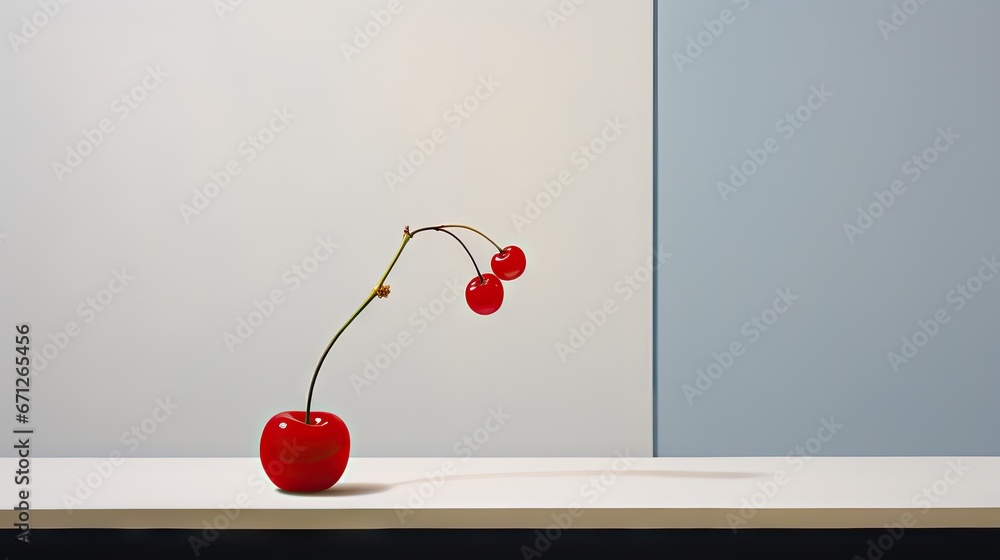 Poster a red vase with two cherries in it on a white table next to a blue wall and a mirror. generative ai