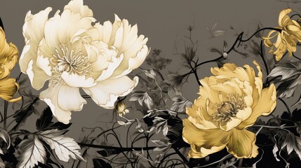  a painting of yellow and white flowers on a black and gray background with leaves and stems in the foreground.  generative ai