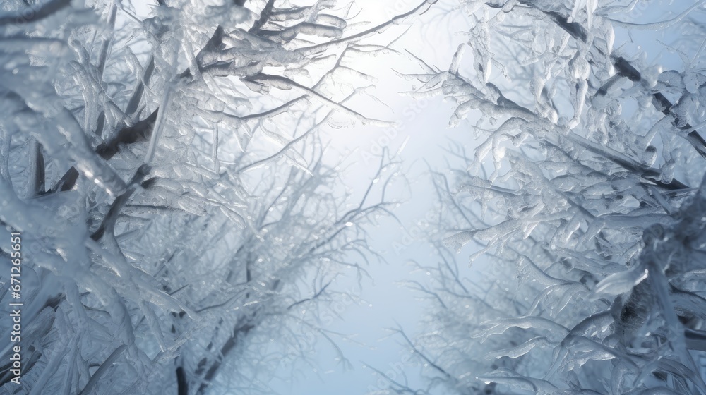 Aufkleber a view looking up at the branches of a tree covered in ice and ice flakes on a sunny day. generative